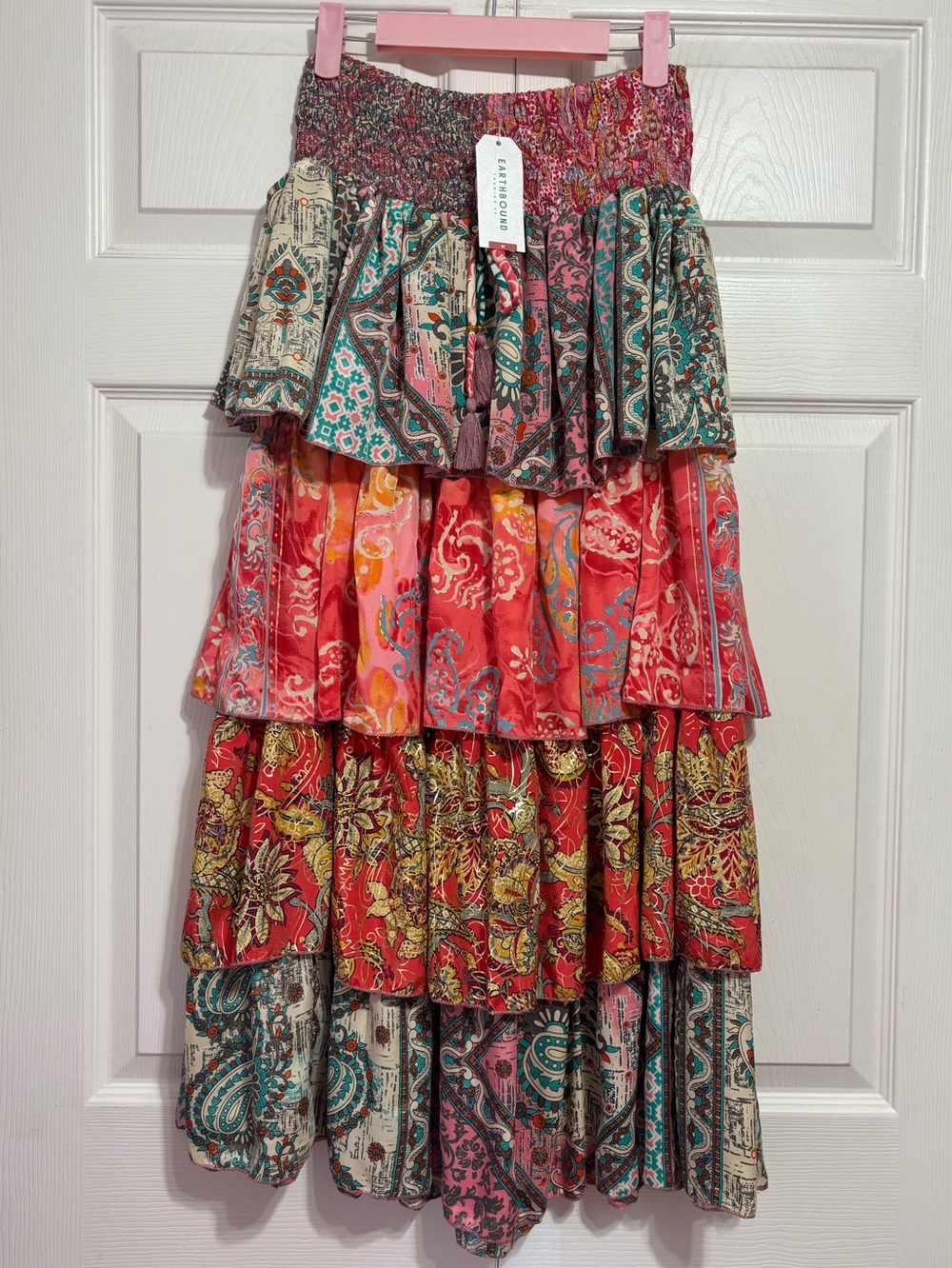 EARTHBOUND Coral Multicolor Tiered Boho Maxi Skirt